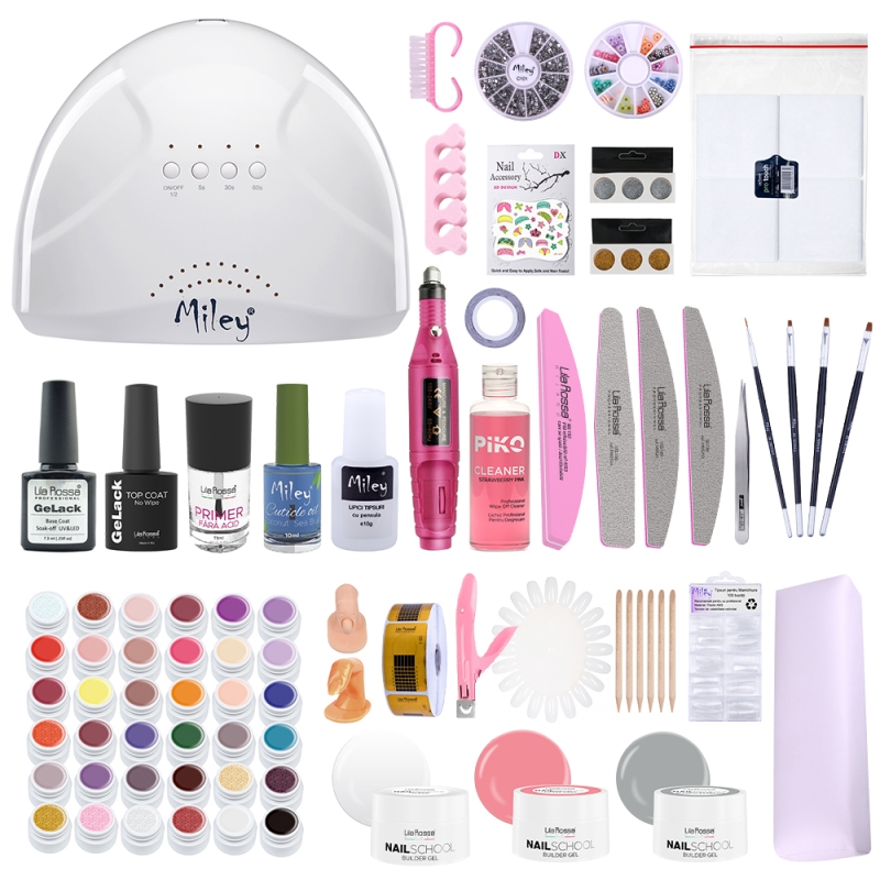 Kit unghii gel Perfect Winter, Lila Rossa NailSchool, cu lampa UV led SunOne, 36 geluri color, degresant, primer, top, baza, decoratiuni, tipsuri, accesorii