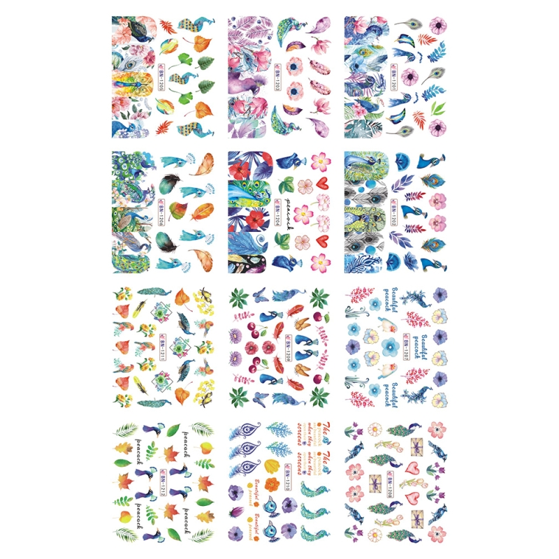 Set stickere nail art Lila Rossa, pentru decor unghii, cu flori si animale, 12 buc, bn-1205-1208