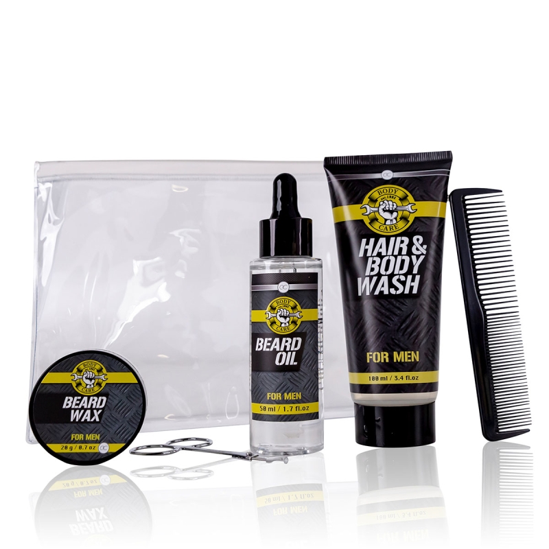 Set cadou barbati, gel de dus, ulei barba, ceara barba, foarfece barba, Bath set BATH & BODY TOOLS in PVC bag, incl. 100ml hair & body wash, 50ml beard oil, 20g beard wax, beard scissors, hair comb, fragrance: Musk, col.: black/yellow/grey, PU 6/24,