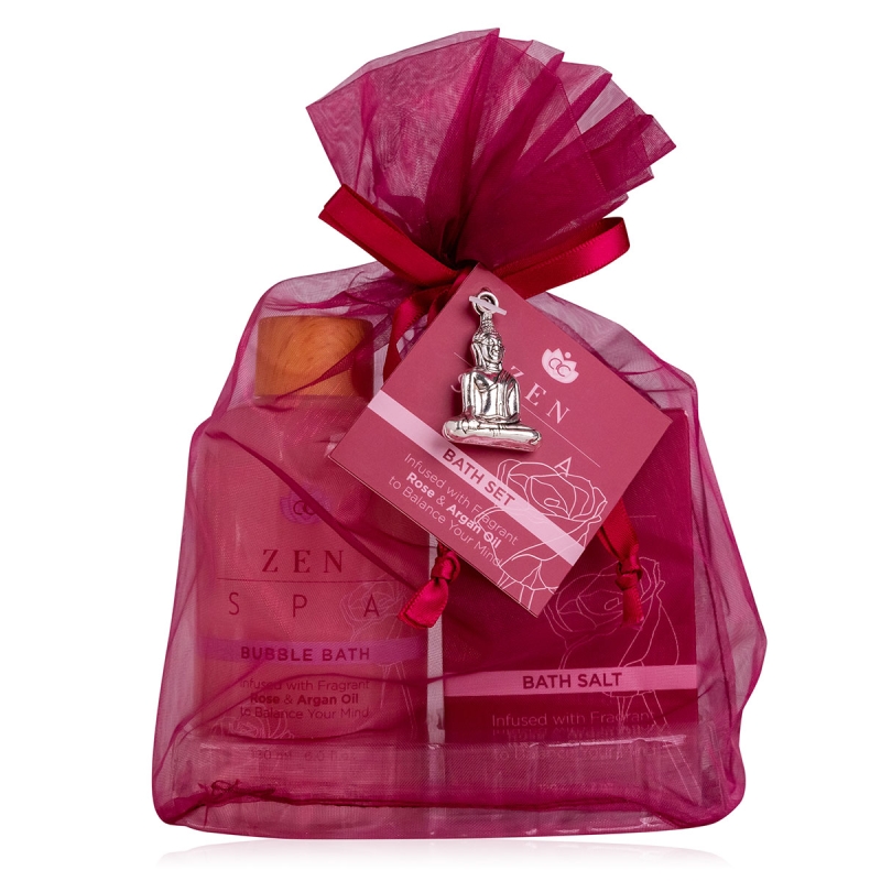 Set cadou femei, spumant, sare de baie, Wellness set ZEN SPA in organza bag with Buddha pendant, incl. 180ml bubble bath, 120g bath salt, infused with Rose and Argan Oil, fragrance: Rose & Argan, col. red, PU 6/24, set cadou craciun